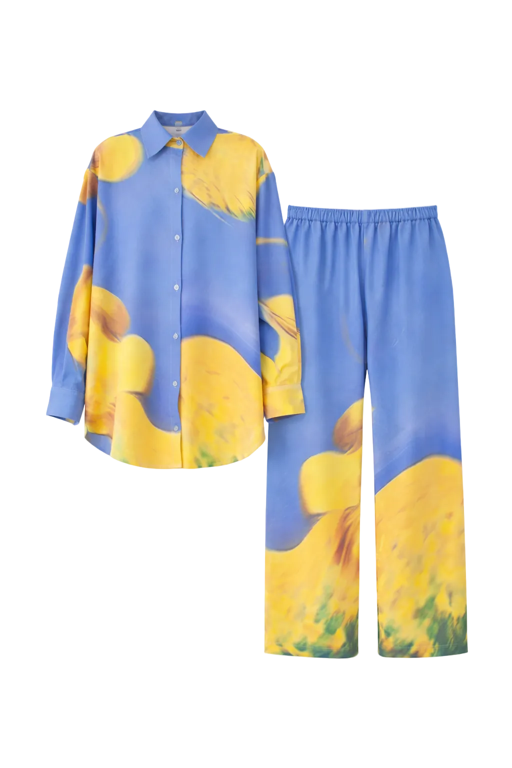 Blue and yellow patterned shirt and pants set on a white background