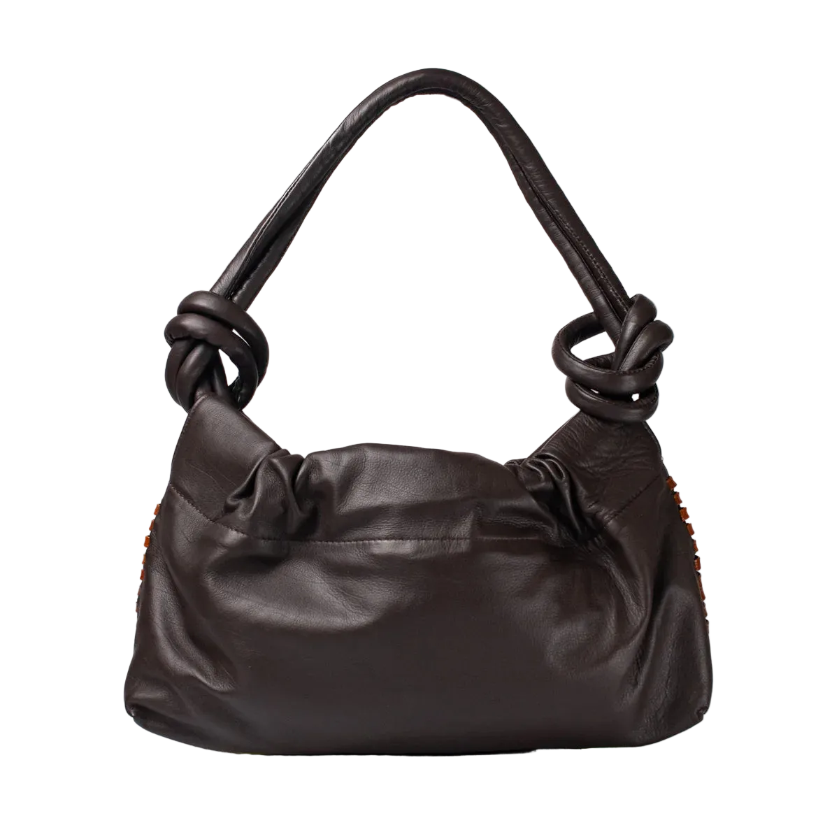 Brown leather handbag with knotted handle on a white background