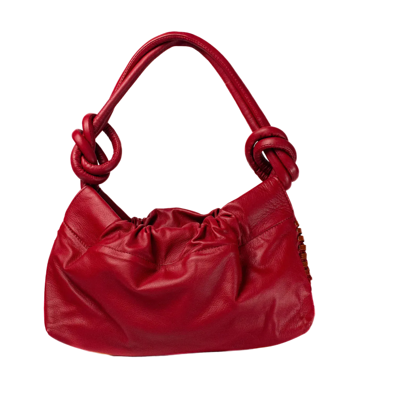 Red handbag with knotted handle on a white background