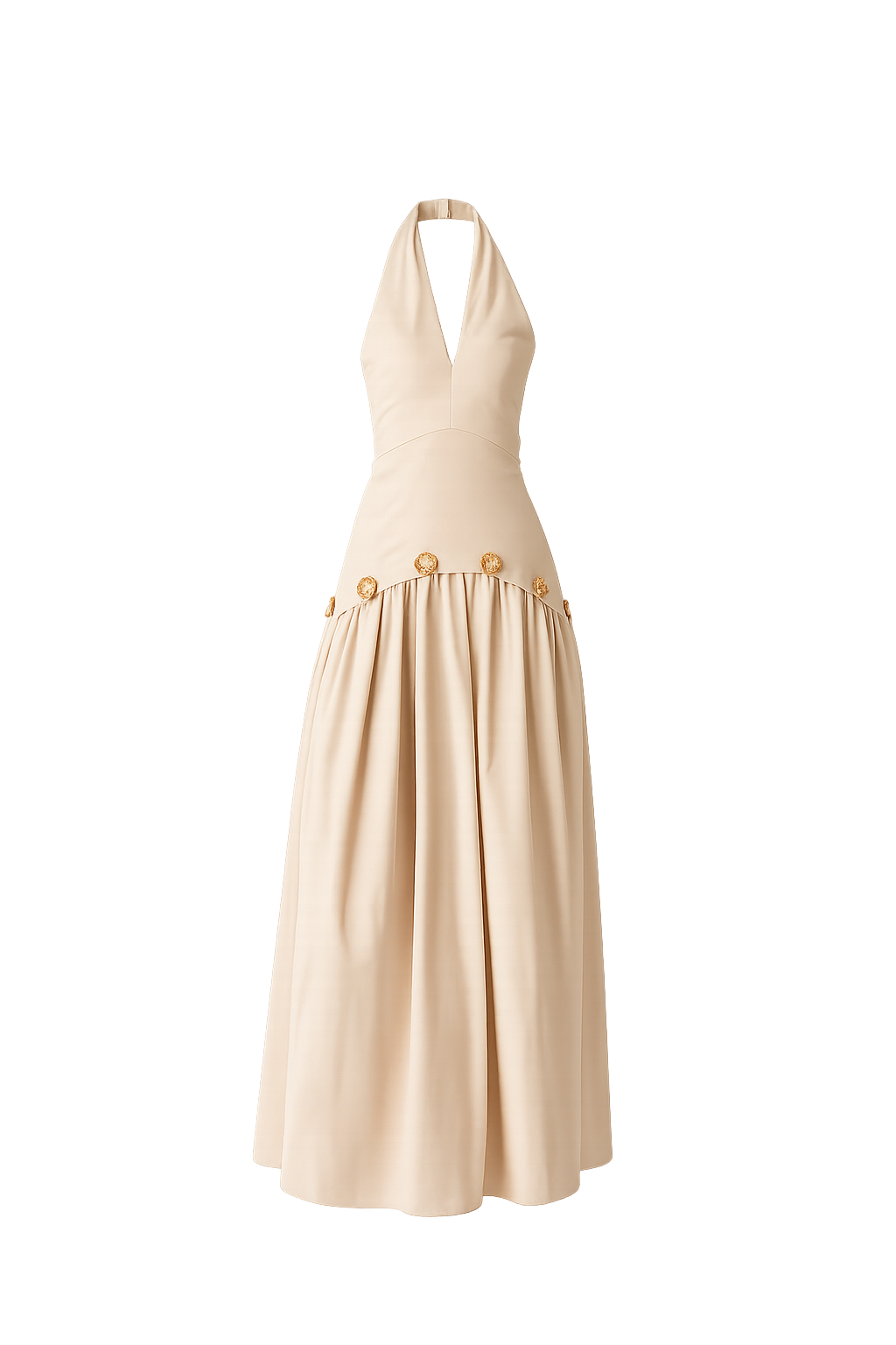 Beige halter neck dress with button details on a white background