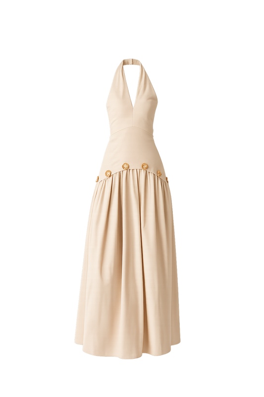 Beige halter neck dress with button details on a white background