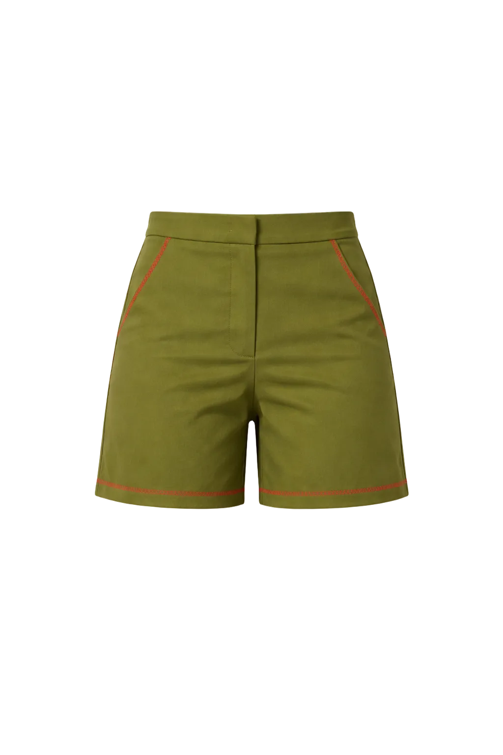 Green shorts with red piping on a white background