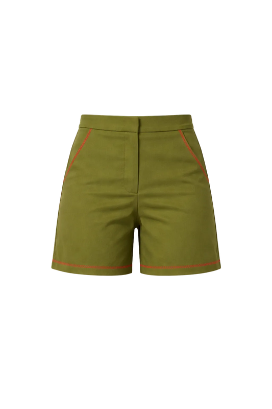 Green shorts with red piping on a white background