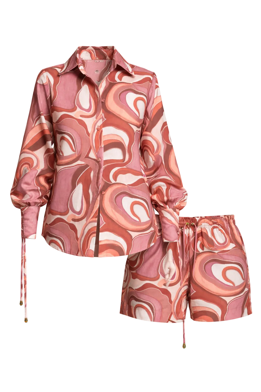 Pink and white patterned jacket and shorts set on a white background
