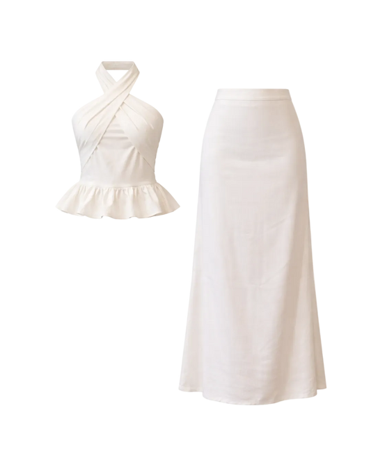 White halter top and skirt set on a white background