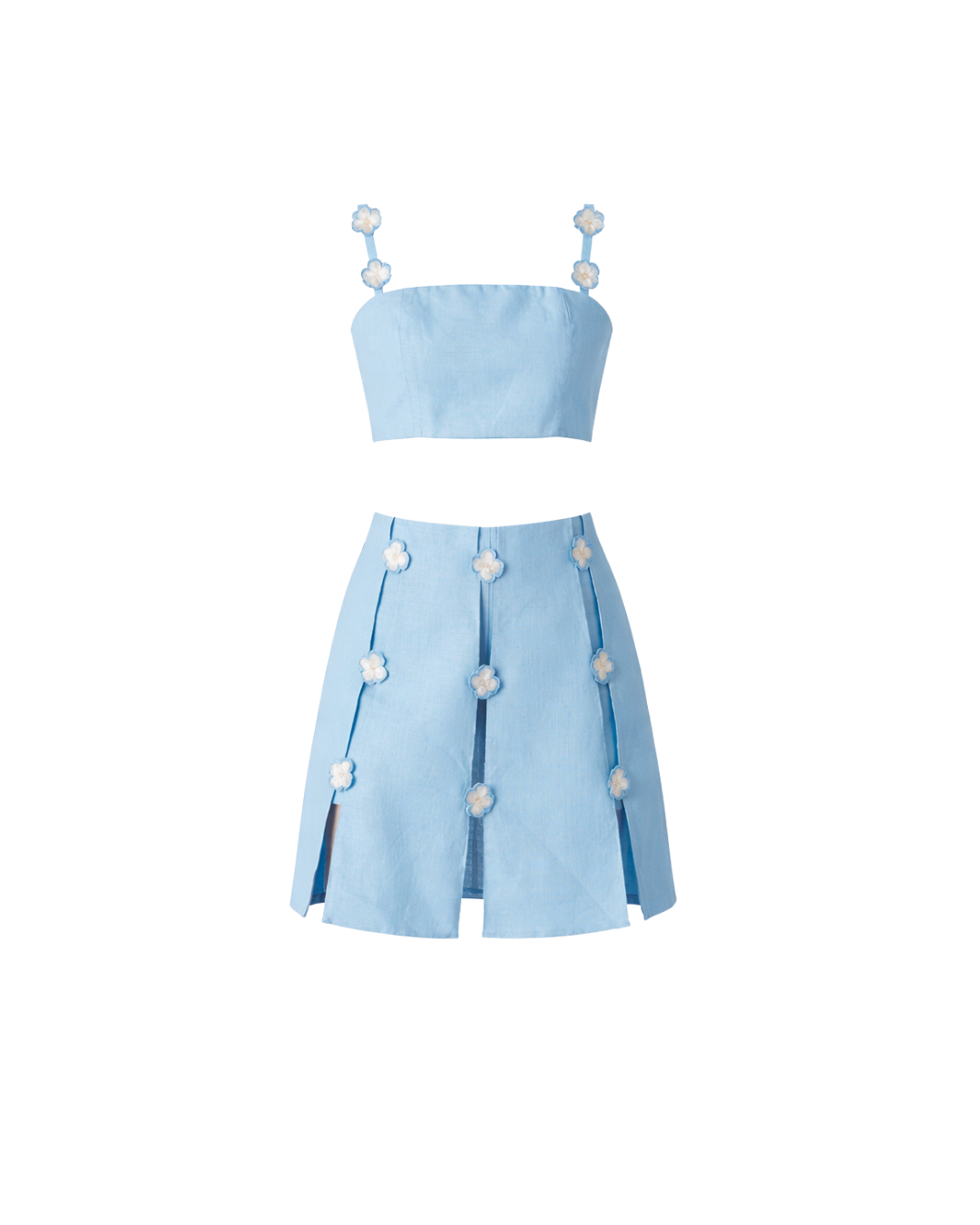 Light blue two-piece outfit with a top and skirt on a white background