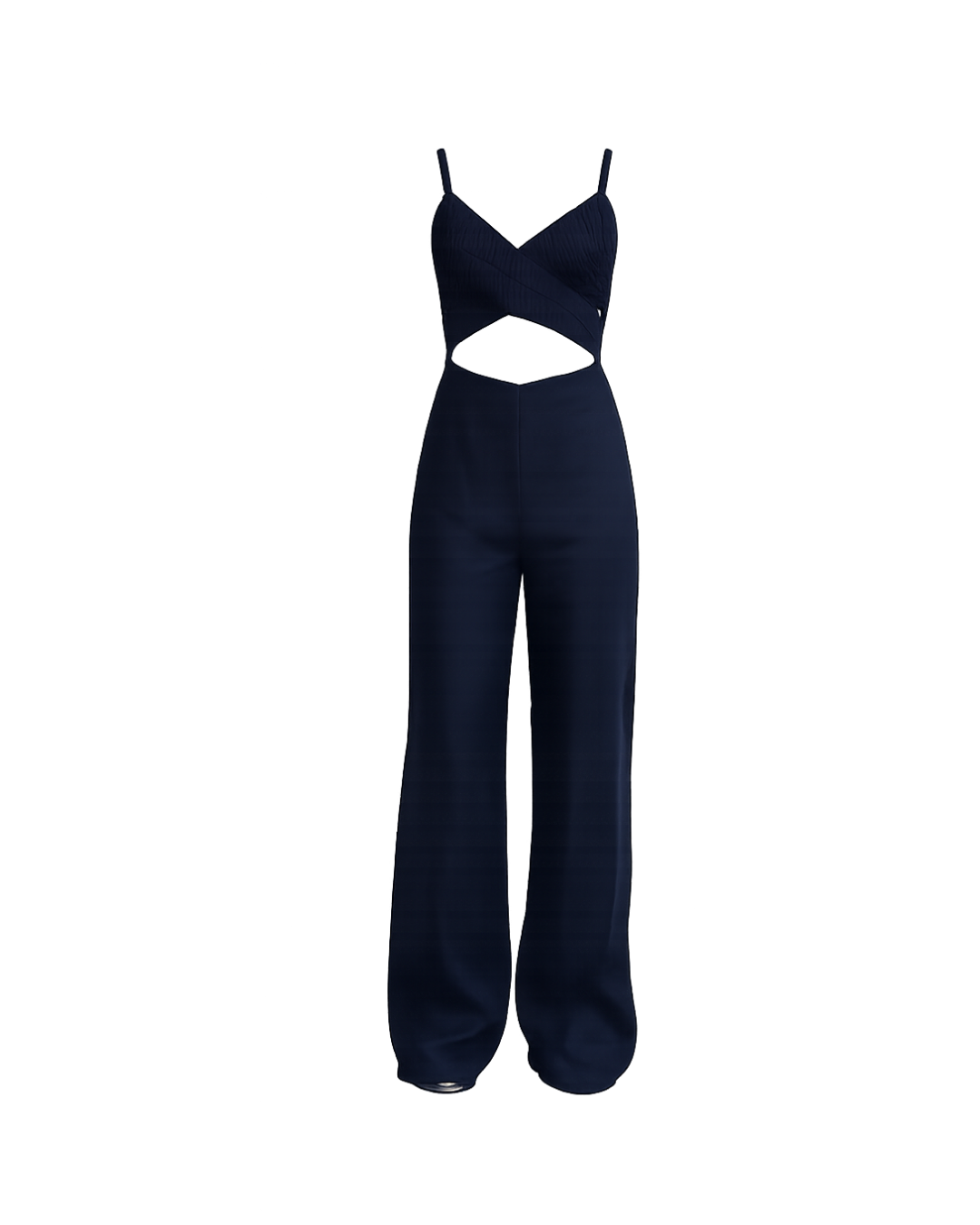 Navy jumpsuit with cut-out design on a white background