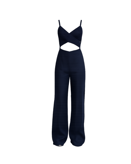 Navy jumpsuit with cut-out design on a white background