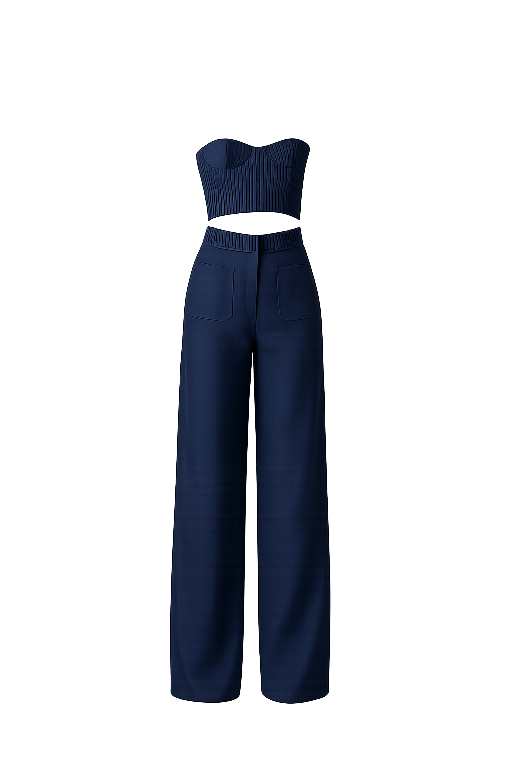 Navy blue strapless top and wide-leg pants set on a white background