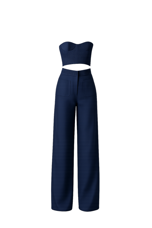 Navy blue strapless top and wide-leg pants set on a white background