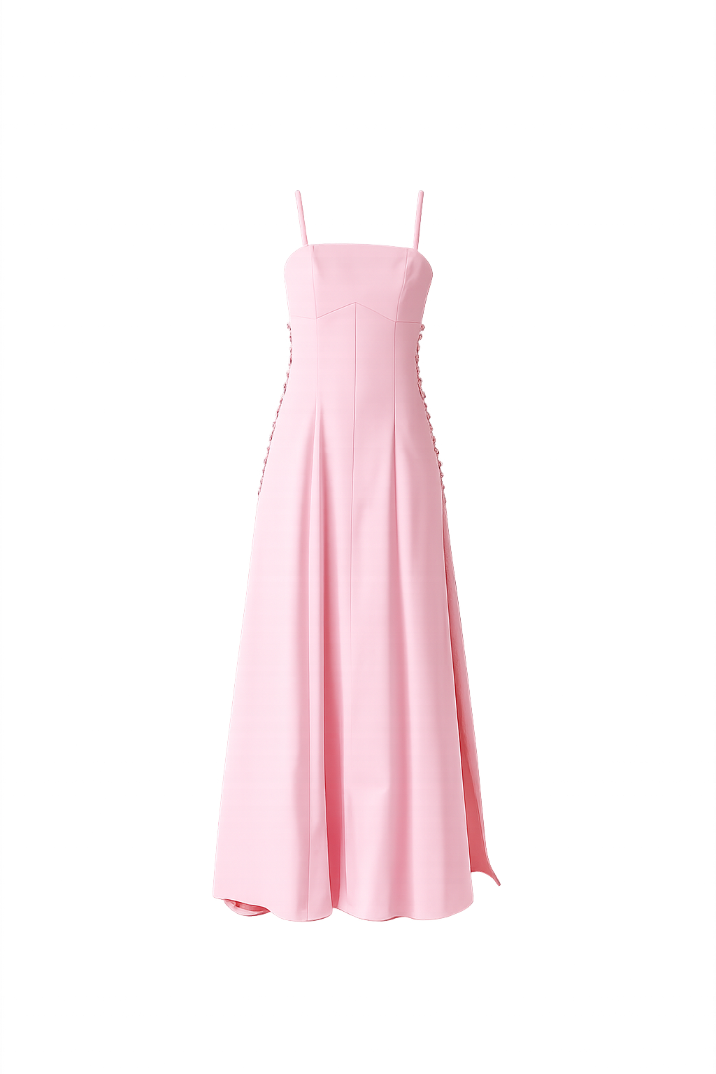 Pink strapless gown on a white background