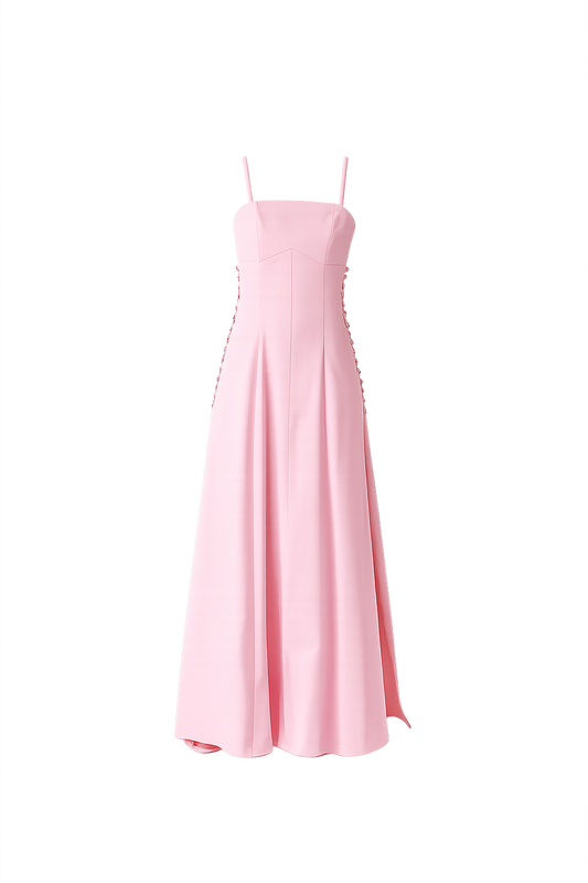 Pink strapless gown on a white background