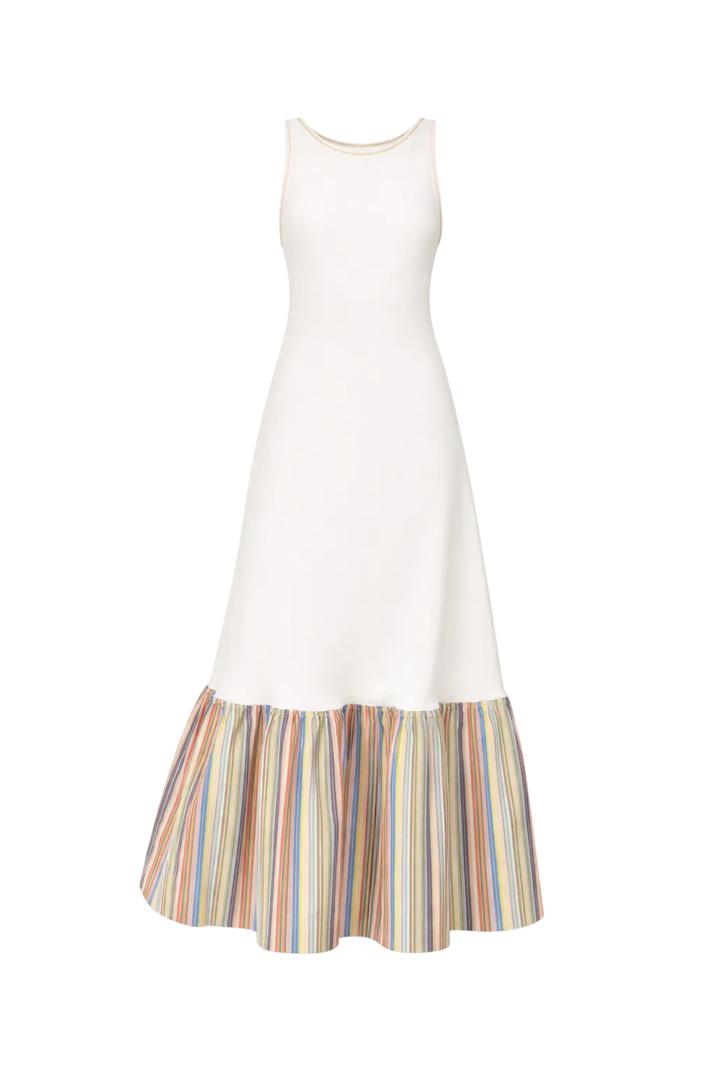 White dress with a colorful striped skirt on a white background