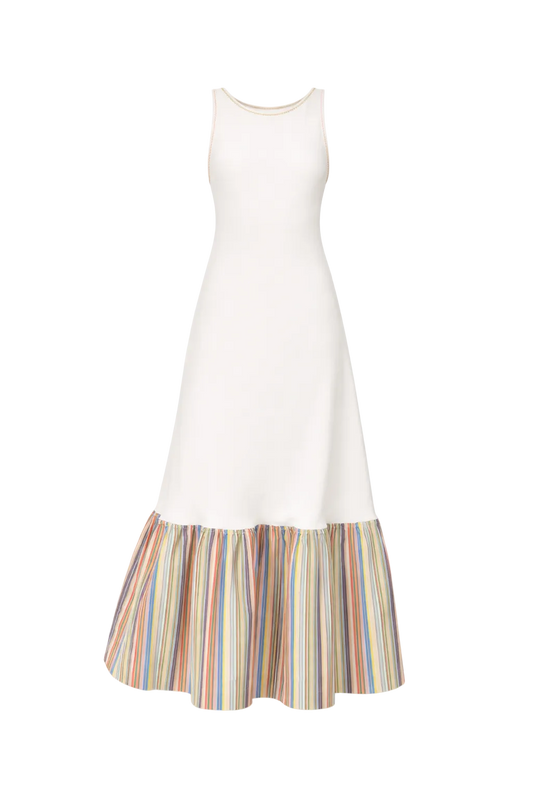 White dress with a colorful striped skirt on a white background