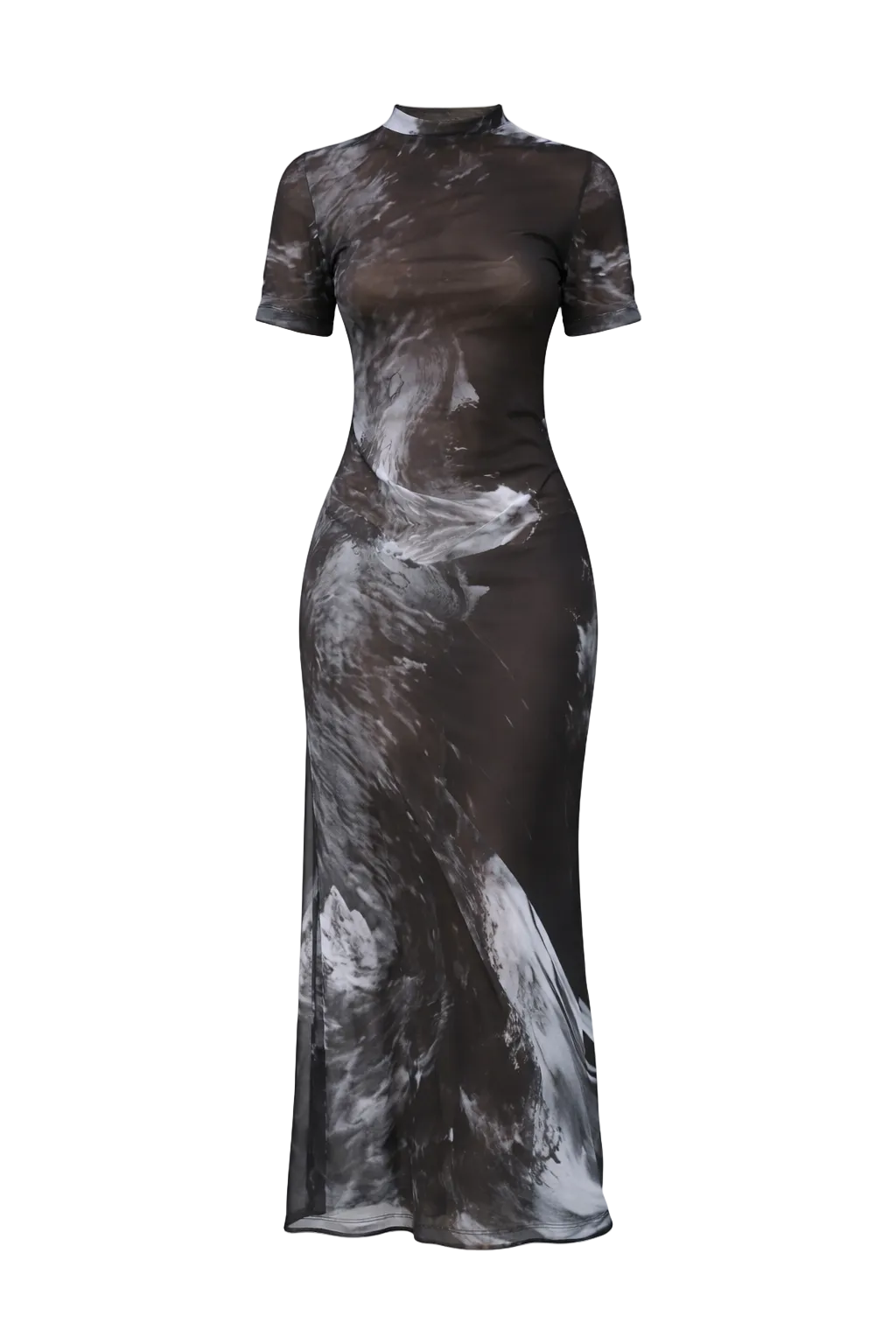 Long black dress with white abstract pattern on a white background