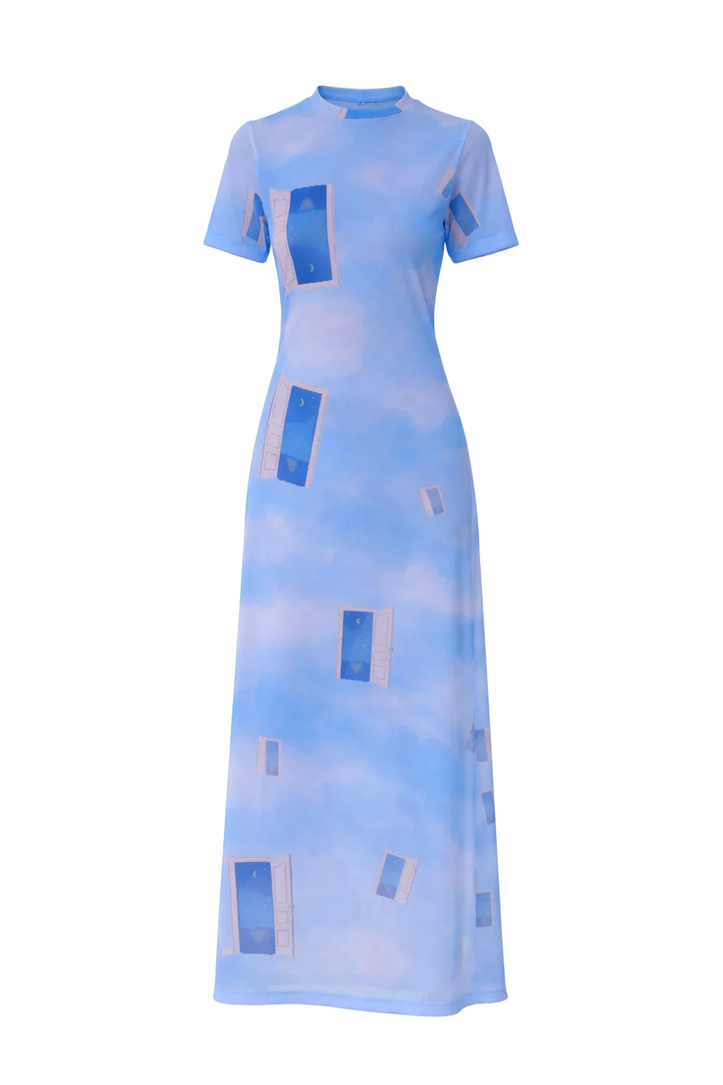 Blue dress with geometric pattern on a white background