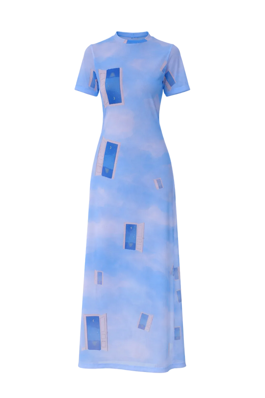 Blue dress with geometric pattern on a white background