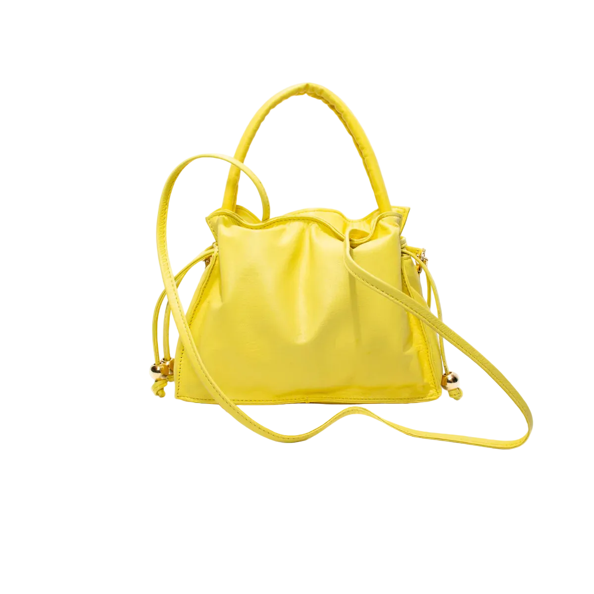 Yellow handbag with drawstring on a white background