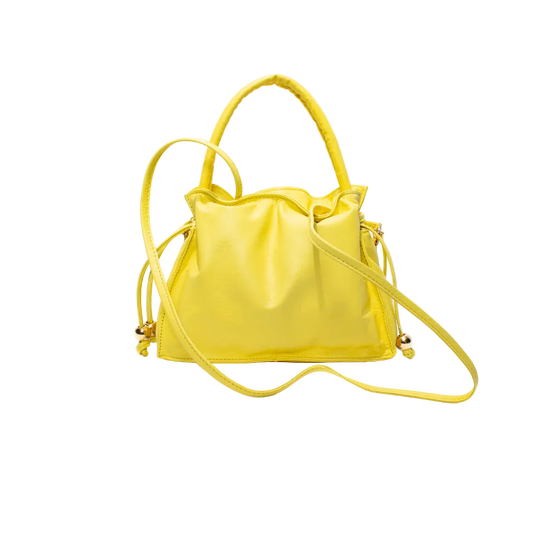 Yellow handbag with drawstring on a white background