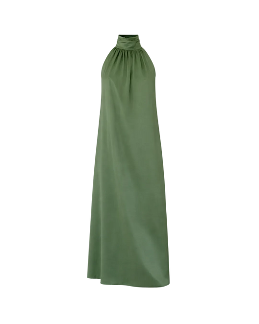 Green halter neck dress on a white background
