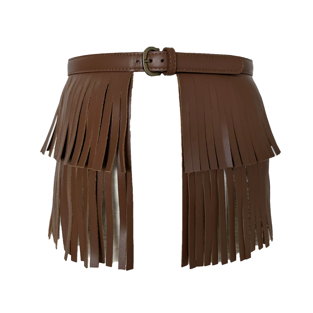 Brown leather fringe gaiters on a white background