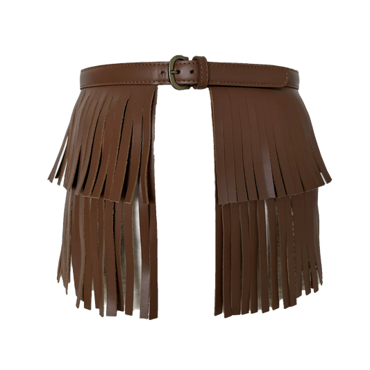 Brown leather fringe gaiters on a white background